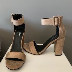 J Adams Nude Suede Chunky Heels